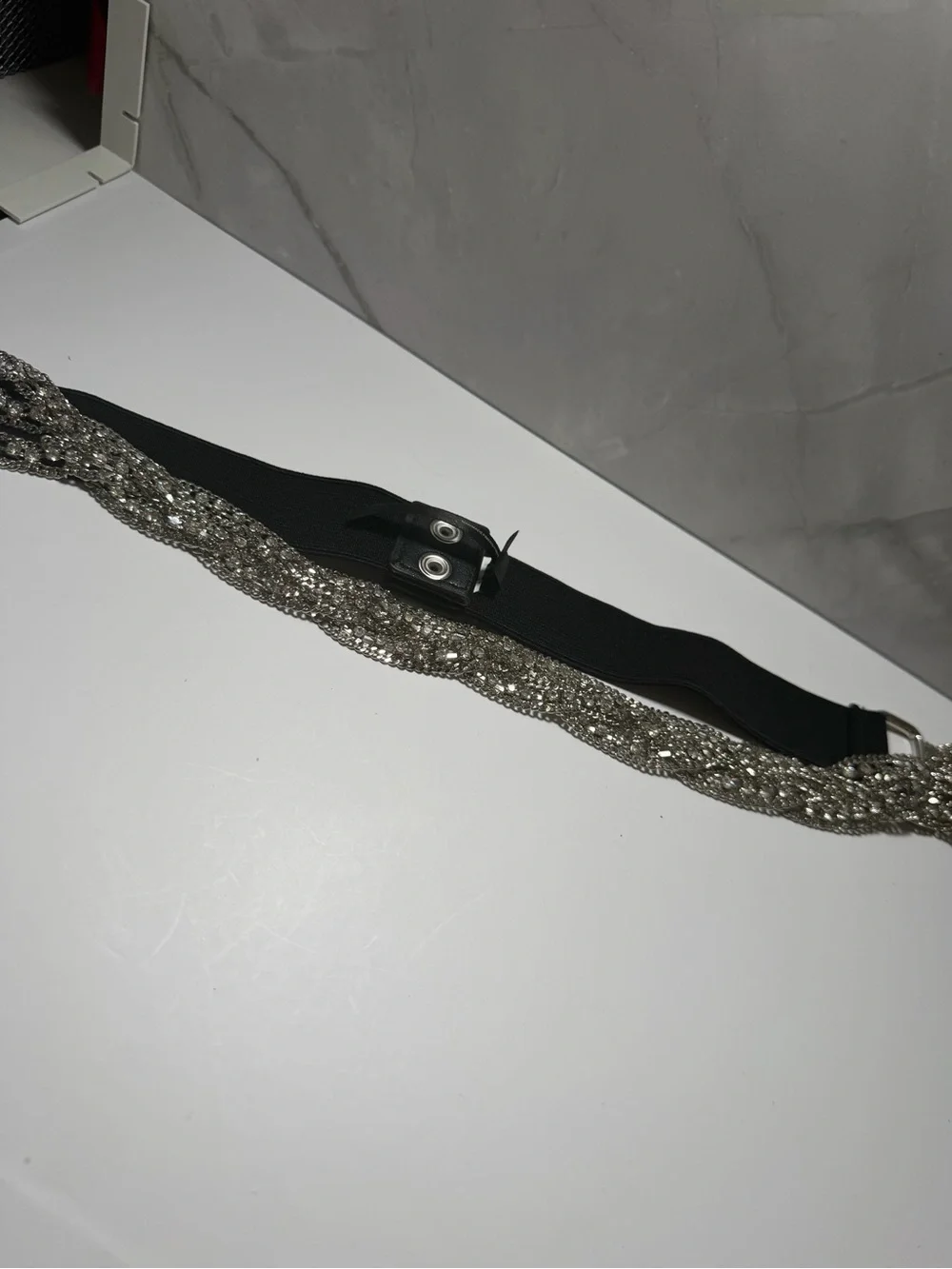 Express black elastic waist belt sparkling silver tone rhinestone beaded